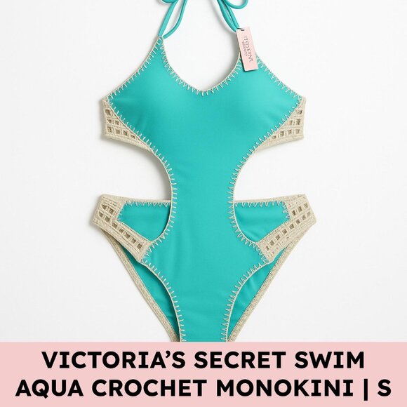 Victoria’s Secret Swim Crochet Monokini Aqua Cut-Out Halter One-Piece Size S NWT - Picture 1 of 16
